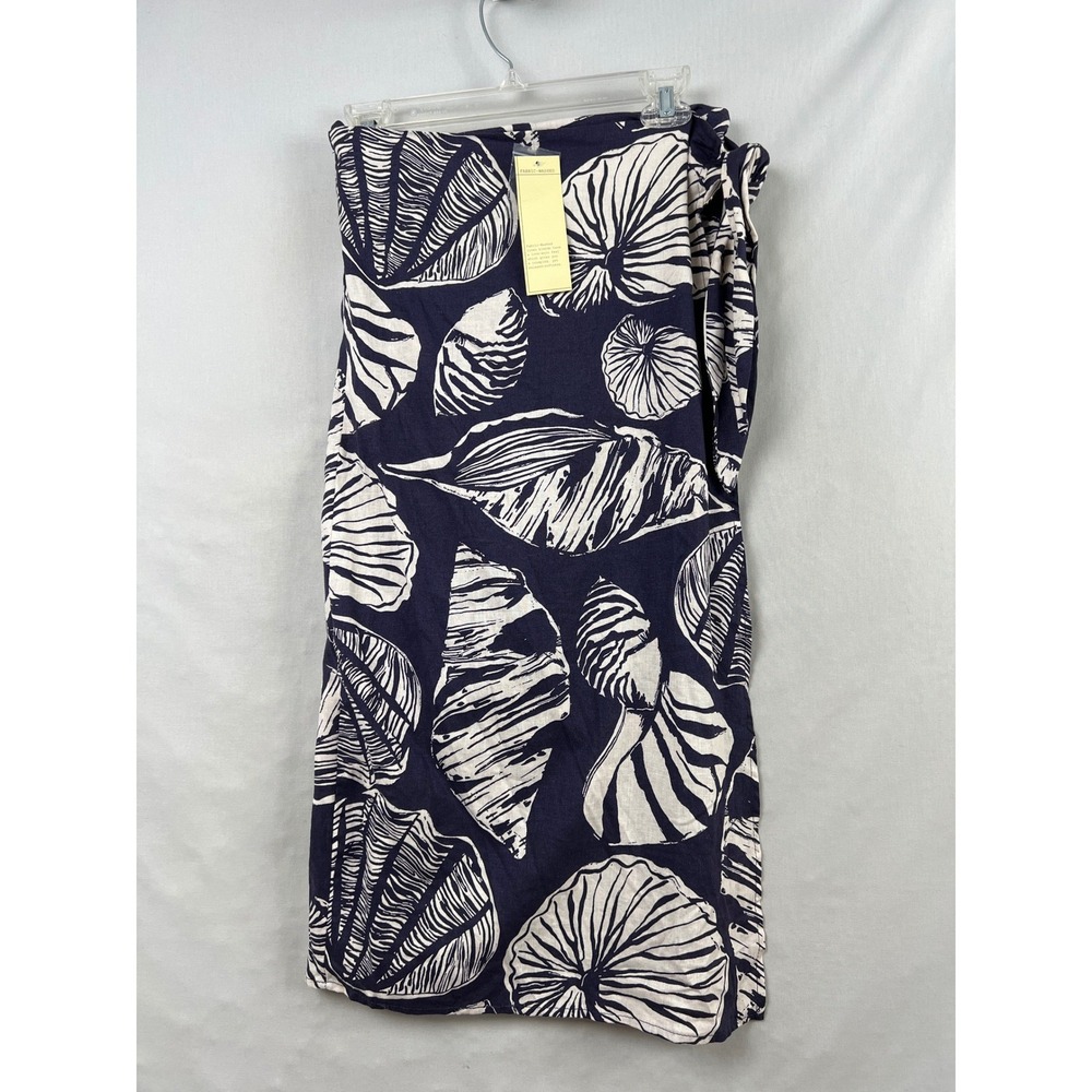 Nicole Miller Wrap Skirt Womens S Navy White Seashell Linen Blend Midi Side Tie